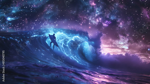 Magical Surfing Adventure: Surfers Ride Bioluminescent Waves under Starlit Skies in a Photo Realistic Ocean Scene © Gohgah