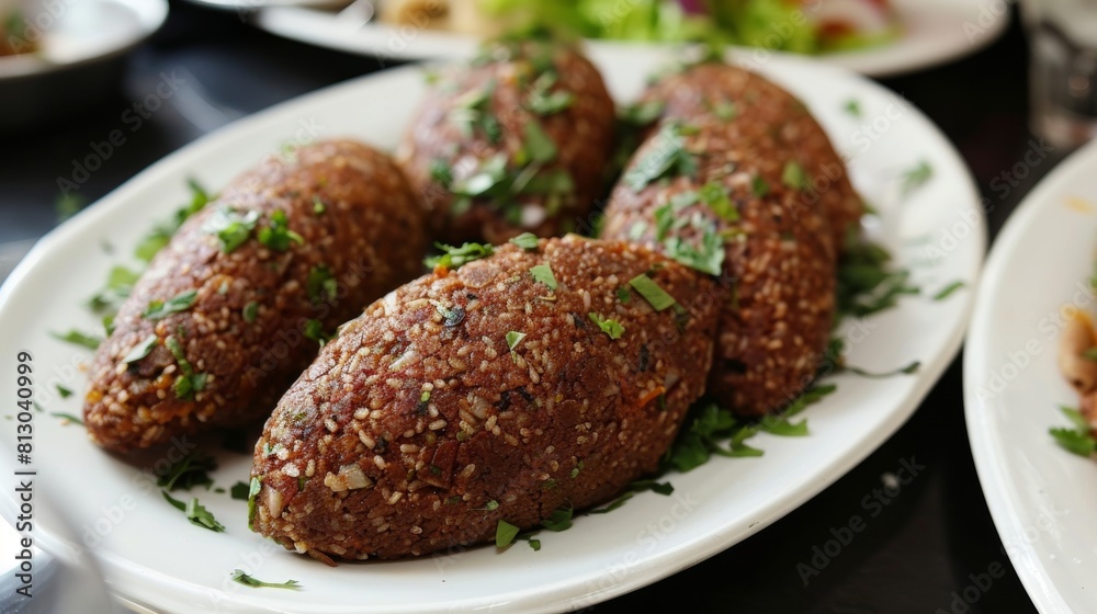 Delicious dish of bulgur kibbe on a white plate. Delicious dish of bulgur kibbe on a white plate.