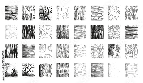 Hand drawn pencil line, crosshatch pattern texture set, wood, rain, stripe, hatch organic shape collection, sketch vector illustration. Texture, drawing, nature, pen, sketching. photo