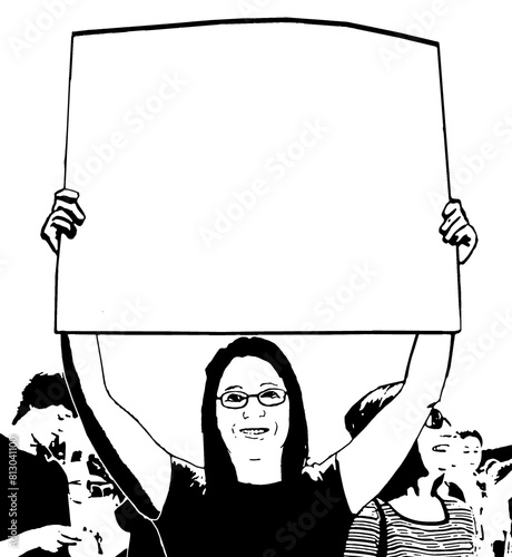 Woman holding up sign at a protest. The sign is blank