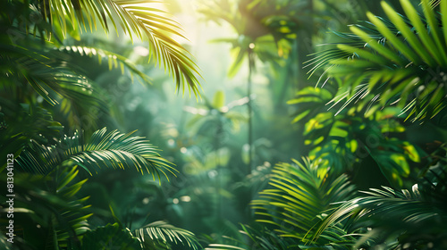 Photo realistic as Vibrant Rainforest Canopy concept  The vibrant canopy of a tropical rainforest teems with life showcasing the diversity of the ecosystem. Photo Stock Concept