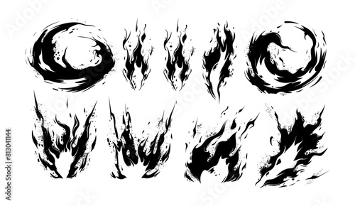 Hand drawn black ink silhouettes anime graphic of fire flame explosion effect manga. Vector isolated illustration. Inferno, comic, cartoon, blaze, artwork.