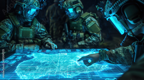 military experts analyzing battlefield strategy with holographic map display
