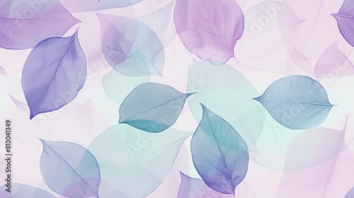 Minimalist composition of a small leaf in hues of light purple  light blue  and light green against a white background with negative space.