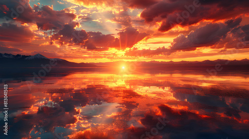 Vivid Volcanic Sunset Reflections  The setting sun s vibrant hues over a volcanic lake  reflecting the fiery sky in its still waters   Photo Stock Concept