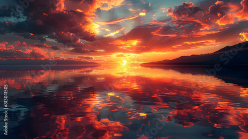 Photo realistic image of volcanic sunset reflections in a peaceful lake as setting sun casts vibrant hues over fiery sky, stunning nature concept © Gohgah