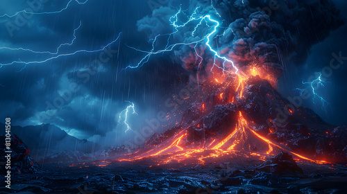 Explosive Volcanic Lightning: Dramatic Scene of Lightning Near Erupting Volcano, Adding Intensity to the Event Photo Realistic Concept on Adobe Stock