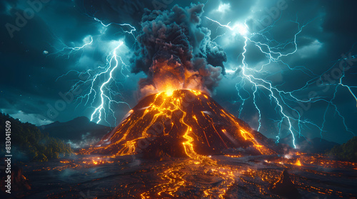 Dramatic scene of lightning striking near a volcano during an eruption adding intensity to the explosive event. Photo realistic concept of nature s power and fury.