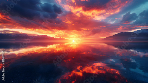 Photo realistic as Volcanic Sunset Reflections concept: The setting sun casts vibrant hues over a volcanic lake reflecting the fiery sky in its still waters. Sunset scenery with re © Gohgah