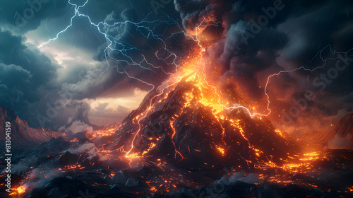 Intense Lightning Strike Near Erupting Volcano: Dramatic Scene of Nature s Power Captured in Photo Realistic Concept
