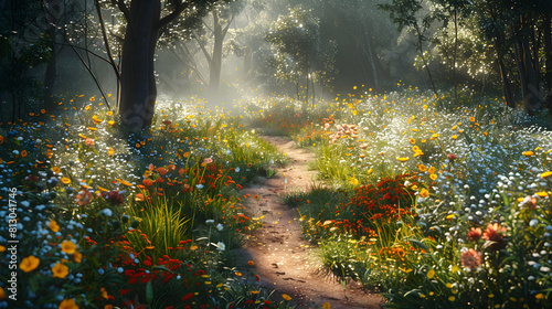 A trail through the woods lined with vibrant wildflowers   Photo Stock Concept