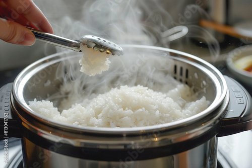 A stainless steel rice cooker with a removable steam vent, easy to clean and maintain. photo