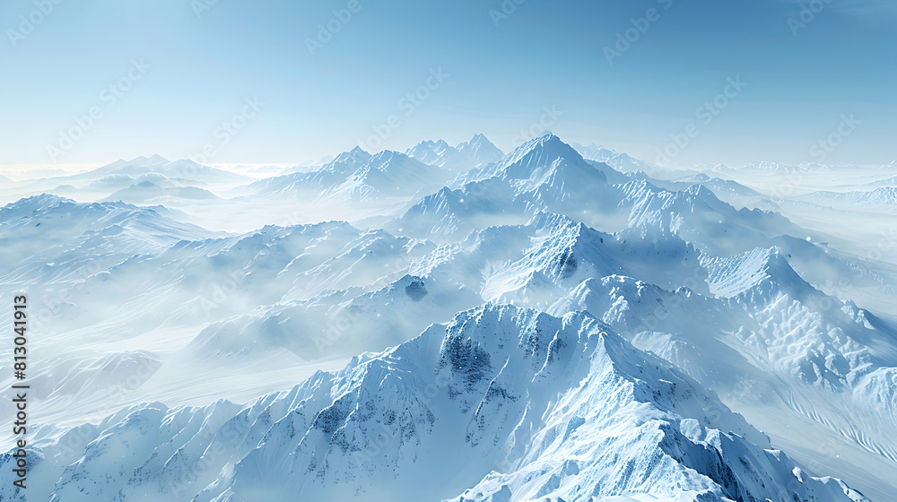 Winter Wonderland: Panoramic Snow Capped Mountains Stretching Into the Horizon, Photo Realistic High Concept Capture of a Winter Wonderland Scene