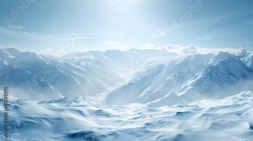 Winter Wonderland: Panoramic View of Snow Capped Mountains Stretching into the Horizon, Embodying a Photorealistic High Concept of Winter Magic Stock Photo