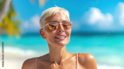 mature woman enjoying her beach vacation while smiling in sunglasses and a bikini