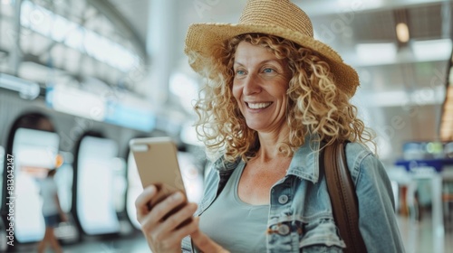 Smiling Woman Using Smartphone at Airport photo
