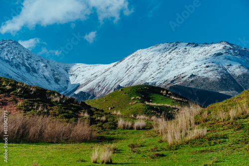 Picturesque mountain valley with snow peaks in spring
