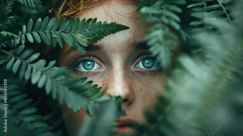 A close-up of a person's hauntingly striking blue eyes. The eyes are framed by foliage, which is out of focus in the foreground, adding a feeling of mystery. The person has freckled skin and looks dir