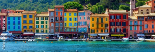 Picturesque seaside town with colorful buildings lining the waterfront photo