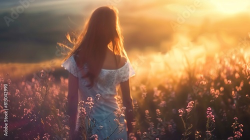 A woman with long hair is standing in a field during sunrise or sunset. Her back is to the camera, and she is gazing into the distance. She is wearing a white, off-the-shoulder lace top and a skirt. T