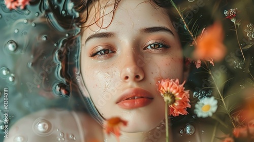 The image features a close-up of a person submerged in water, with their face partially above the surface. The individual has wet, dark hair sticking to their forehead and cheeks, and there are visibl