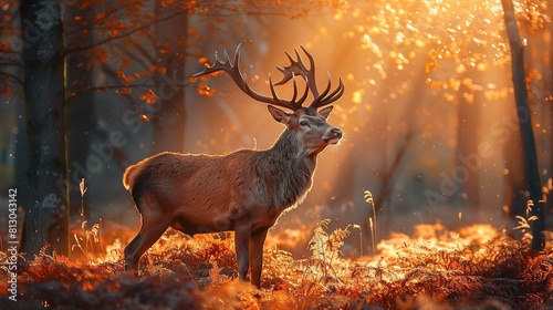 An adult red deer stands majestically in a forest with the sun setting in the background. The golden sunlight filters through the trees, creating a warm, magical atmosphere. The deer is looking to the