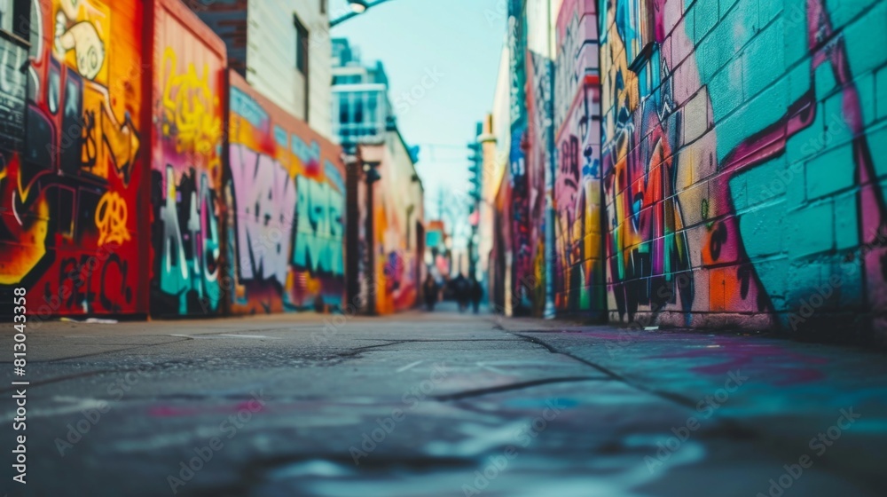 Vibrant street lined with colorful murals and graffiti art Vibrant street lined with colorful murals and graffiti art