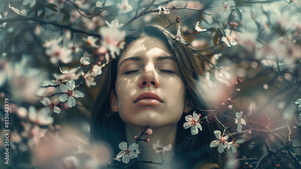 A young woman's face is at the center of the frame, surrounded by delicate pink and white blossoms on dark branches. Her eyes are closed, and she appears serene or in a state of peaceful contemplation A young woman's face is at the center of the frame, surrounded by delicate pink and white blossoms on dark branches. Her eyes are closed, and she appears serene or in a state of peaceful contemplation