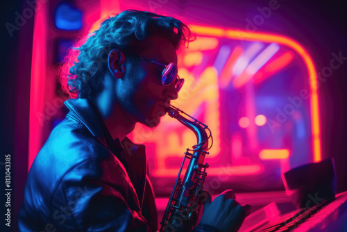 A man skillfully playing the saxophone under vibrant neon lights, creating a dynamic and engaging music performance