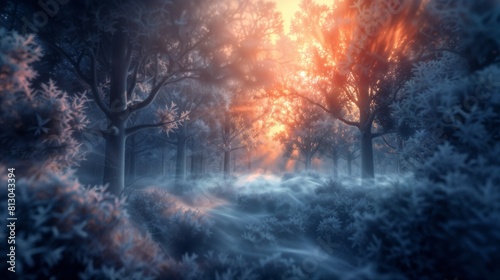 Enchanting Sunrise Through Frosty Forest Trees in a Magical Winter Landscape