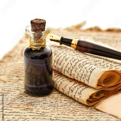 A close-up view of a small glass inkwell with a dark color ink, secured with a cork stopper and adorned with a gold-colored string, rests beside handwritten sheets of aged, scrolled paper. On the righ