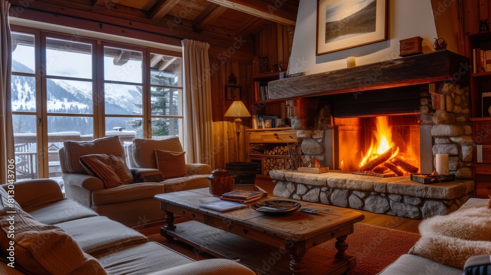 Cozy living room with a fireplace crackling warmly