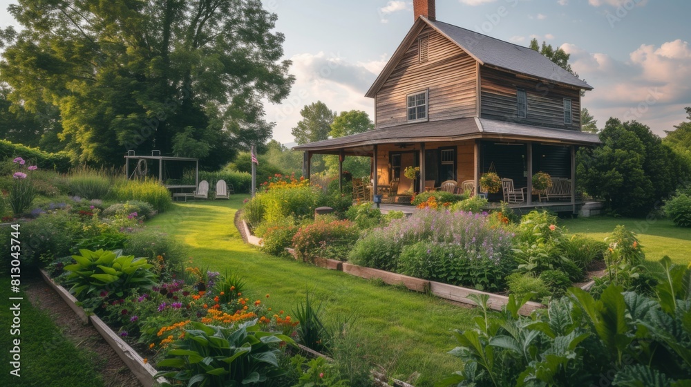 Picturesque farmhouse with a large garden filled with flowers, vegetables, and fruit trees Picturesque farmhouse with a large garden filled with flowers, vegetables, and fruit trees