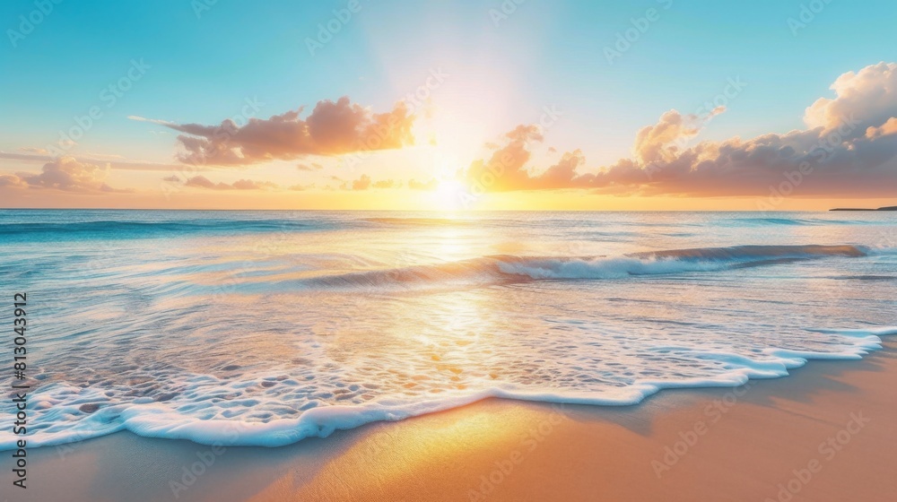 Peaceful beach scene with the sun setting on the horizon, casting a warm glow over the sand and water Peaceful beach scene with the sun setting on the horizon, casting a warm glow over the sand and water