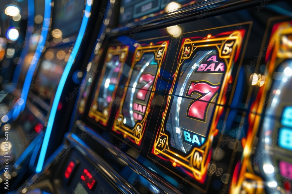 An appealing image capturing the movement and bright colors of a slot machine's spinning reels with symbols An appealing image capturing the movement and bright colors of a slot machine's spinning reels with symbols