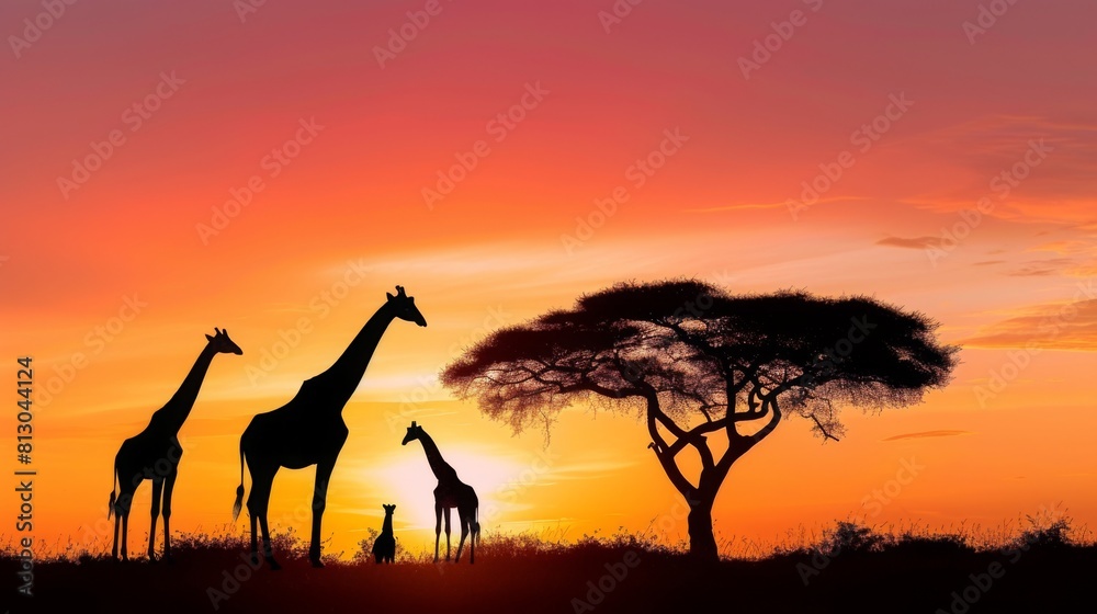 Family of giraffes standing tall against the African skyline, their long necks reaching for leaves on a tree Family of giraffes standing tall against the African skyline, their long necks reaching for leaves on a tree