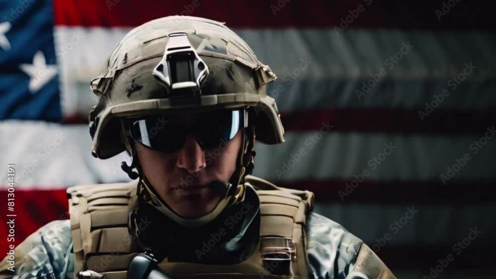 Portrait of Determined US Soldier in Front of American Flag Portrait of Determined US Soldier in Front of American Flag