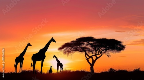 Family of giraffes standing tall against the African skyline  their long necks reaching for leaves on a tree