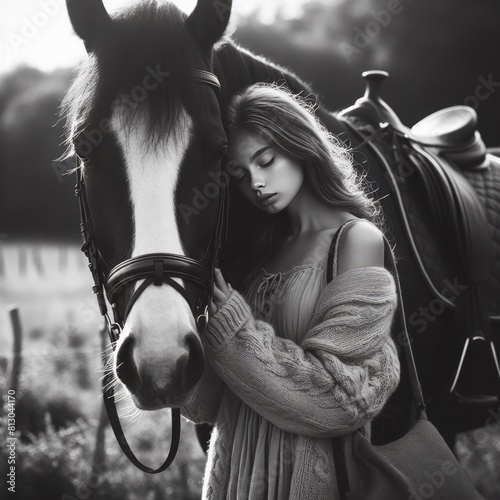 Young beautiful girl hugging horse at nature