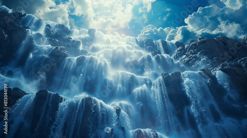 An endless waterfall of ice, with a blue sky and white clouds in the background © OHMAl2T