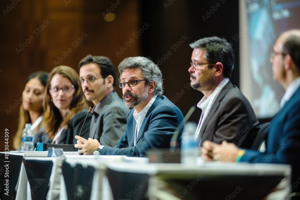 Panel of diverse professionals engaging in a discussion at a conference, seated at a table with microphones in a well-lit auditorium Panel of diverse professionals engaging in a discussion at a conference, seated at a table with microphones in a well-lit auditorium
