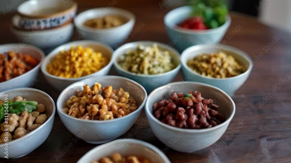 Variety of Roasted and Seasoned Nuts in Bowls on Wooden Table Variety of Roasted and Seasoned Nuts in Bowls on Wooden Table