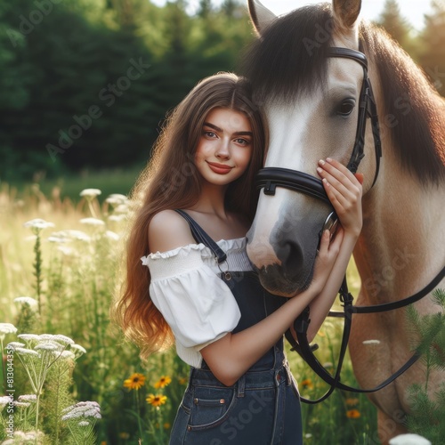 Young beautiful girl hugging horse at nature