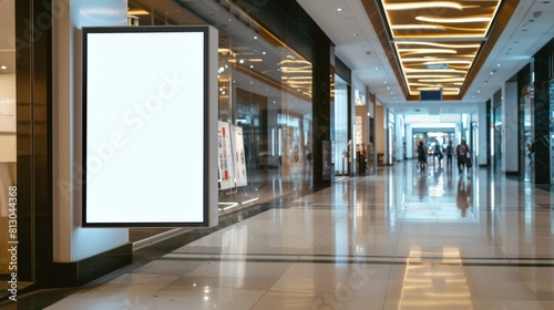 Mockup of a blank white digital signage poster set against a luxury shopping mall background