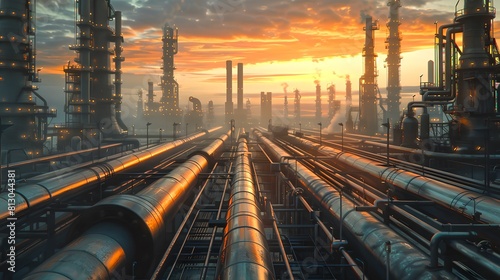 Futuristic industrial complex during sunset with an array of pipelines. Modern, digital art for sci-fi concepts, used in design and illustration. AI