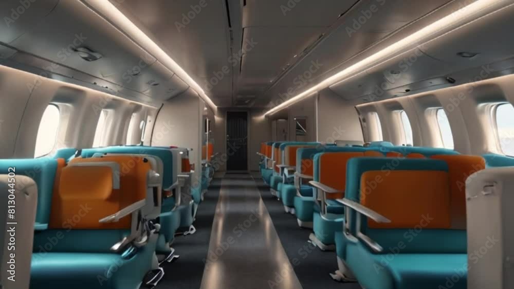 Modern and Spacious Airplane Cabin Interior with Orange and Teal Seats Modern and Spacious Airplane Cabin Interior with Orange and Teal Seats