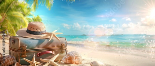 Beach accessories in suitcase with beautiful beach background photo