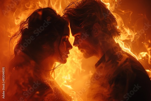 Two dancers are captured mid-movement, with a vibrant fire-like backdrop creating a dramatic and passionate scene