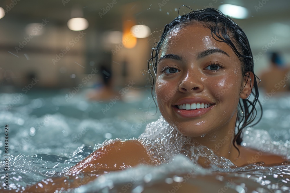 The image shows a happy female swimmer with water splashing around her in an indoor pool The image shows a happy female swimmer with water splashing around her in an indoor pool
