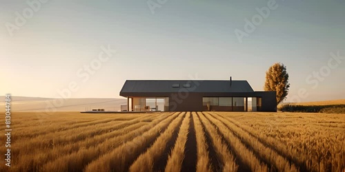 Sunset over the lake. Nestled a fields of wheat and rows of vegetables this minimalist homestead stands out as a peaceful retreat. The sleek functional design of the farmhouse is mirrored. photo